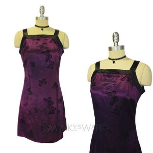 Vintage 90s Satin Mini Dress Size S Purple Butterfly Flocked Square Neck Grunge